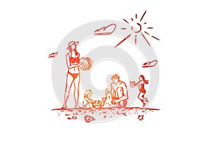 Family, rest, beach, summer, vacation concept. Hand drawn isolated vector.
