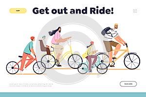 Family ride concept of landing page with parents and kids cycling together in park