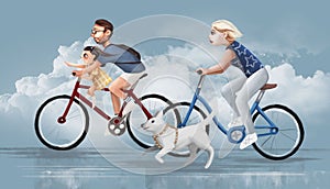 Family rides bicycles on the road