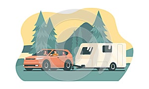 Family rides in a SUV car with trailer caravan on a forest road. Vector illustration