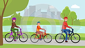 Family riding on bicycle in park flat poster