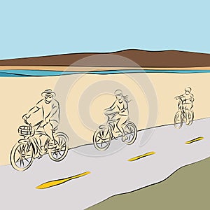 Family Riding Bicycles On The Beach