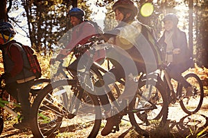 Family riding bikes on a forest path, close up