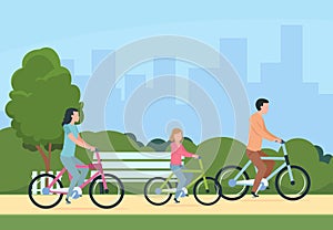 Family riding bikes. Mother, father and children outdoor recreational activity. Vector illustration concept leisure