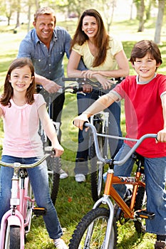 Family riding bikes in park