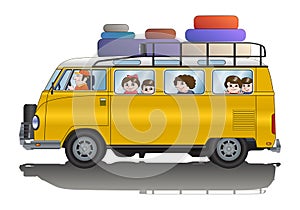 family riding mini bus ready to  vacation on  isolated white