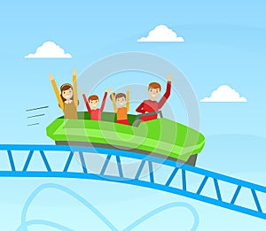 Family Riding Roller Coaster Together, Happy People Having Fun in Amusement Park on Summer Holidays Cartoon Vector