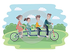 Family riding Tandem Bicycle, Isolated