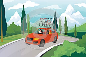 Family road trip. Car travel. Holiday summer drive. People in vacation. Mountain landscape. Bicycles on auto roof