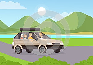 Family road trip flat vector illustration. Mother riding car with husband and children. People characters travelling