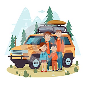 Family road trip mountain landscape, happy cartoon characters, kids adventure. Smiling group