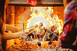 Family roasting marshmallows by the fire. Cozy chalet home with