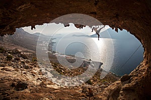 Family rock climber at sunset. Kalymnos, Greece.