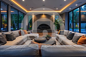 Family room equipped with smart home entertainment systems and IoT devices for an interactive experience. AI generated.