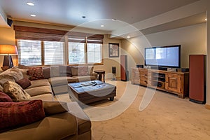 family room with large flat-screen tv, surround sound system, and gaming console