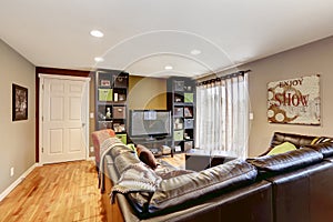 Family room with large leather couch and tv