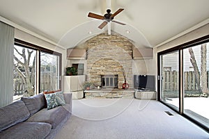 Family room with stone fireplace