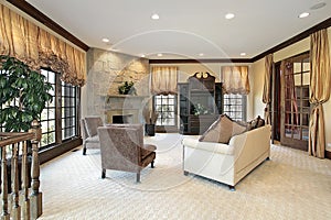 Family room with stone fireplace