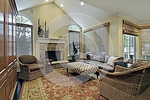 Family room with stone fireplace