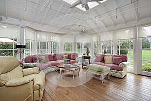 Family room with wall of windows