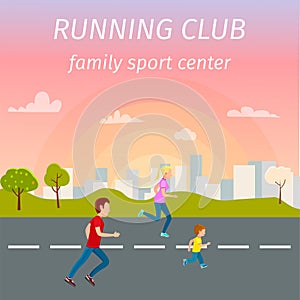 Family Running on Asphalt Road from Sport Center