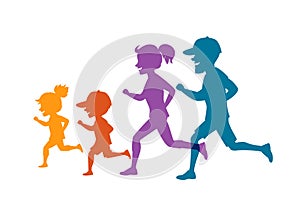 Family running jogging together isolated vector illustration colorful silhouettes