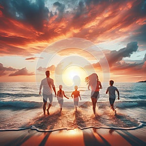Family running towards the sea on the background of a sunset.