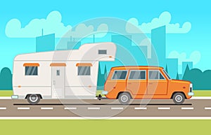 Family rv camping trailer on road. Country traveling and outdoor vacation vector concept