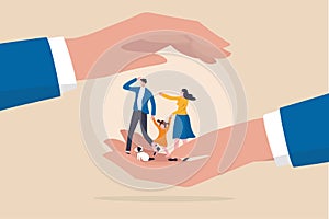 Family safety  life insurance or protection concept  lovely family holding hands  parent with daughter and cute little dog in