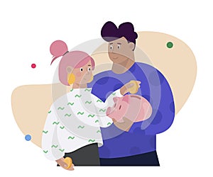 Family Saves Money. Man and woman hold piggy bank and put money into it. Financial stability, cash savings. Concept of family or h