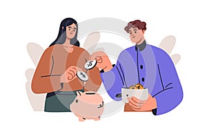 Family saving money. Thrifty couple putting, collecting coins, finance in piggy for future, dream. Financial literacy photo