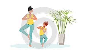 Family scenes. Mother and daughter do yoga, mom and little girl spend time together, kid doing asana and meditation