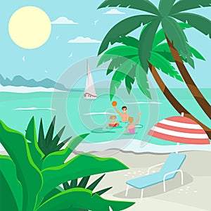 Family sea beach vacation, amicable character father mother and child play ball ocean flat vector illustration. Tropical