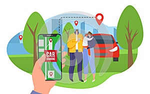 Family search transport location at mobile flat service vector illustration. Flat car sharing app, travel ride with