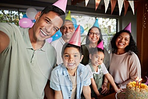 Family selfie, birthday party and cake with kids, celebration and support with smile, hat and portrait in home. Children