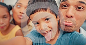 Family, selfie and funny face of children and parents together in a living room at home. face of a man, woman and young