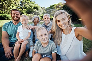 Family selfie, park portrait and woman with smile on holiday in nature in Canada during summer. Parents, girl kids and