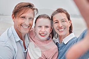 Family selfie portrait at beach holiday, summer vacation and relaxing sea together. Video call faces of excited, smile