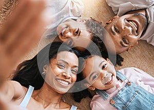 Family, selfie portrait and top view smile, bonding or having fun together. Parents, happiness above and children