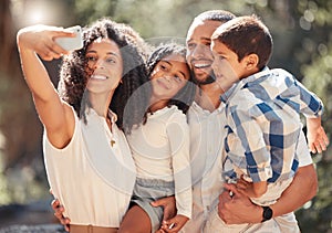 Family selfie with smartphone in a park or nature for outdoor summer wellness, hiking and happy holiday memory on mobile