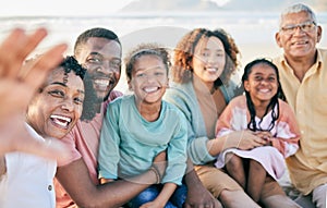 Family, selfie and travel, generations in portrait with happiness outdoor on beach, memory and together with love