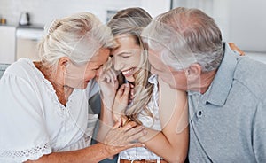 Family, senior parents and adult daughter or woman at home during visit with her mother and father while laughing, happy