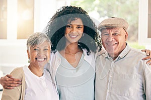 Family, senior and portrait of woman with parents happy in a home together for bonding on vacation or holiday