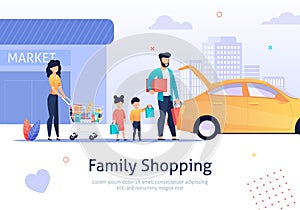 Family Shopping, Cart with Bags, Goods near Car.