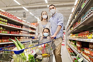 Family with shopping cart in masks at supermarket