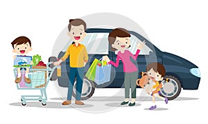 Family shopping characters isolated on white background, cartoon style,Dad son mom daughter shopping