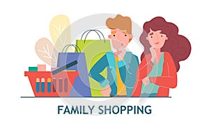 Family shopping concept and couple with groceries