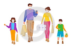 Family shopping face mask isolation covid vector