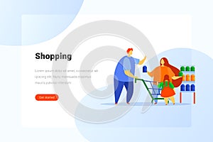 Family at Shopping Flat vector illustration. Father Mother Daughter buy Milk and put it in Shopping cart