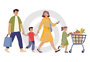 Family on shopping. Grocery store, woman man in supermarket with cart. Isolated happy people with trolley and food bag